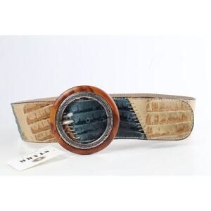 Green Baige Patchwork Leather Round Buckle Wide Adjustable Waist Belt Size 90